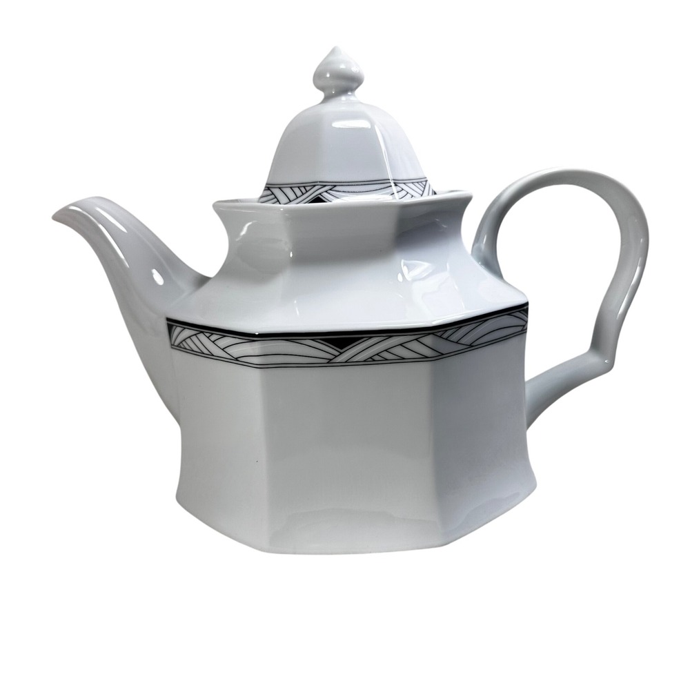 Studio Nova Synthesis Y0031 Teapot White Octagonal Art Deco Black Trim Porcelain